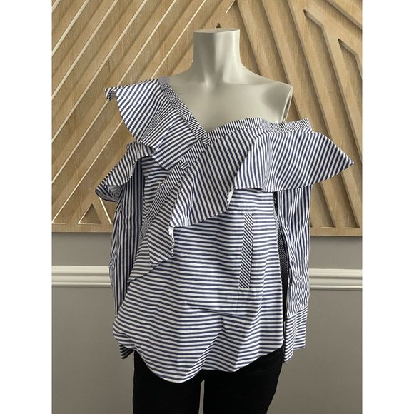 SELF-PORTRAIT Striped Off Shoulder Asymmetric Frill Shirt - Size 2 - Picture 8 of 12